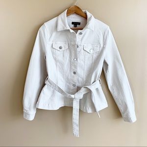 ANN TAYLOR beige denim jacket belted front button two chest pockets size XS $129